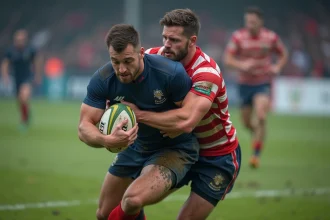 Deux joueurs de rugby en plein plaquage lors d'un match de Fédérale 3, jerseys boueux sur terrain gazonné