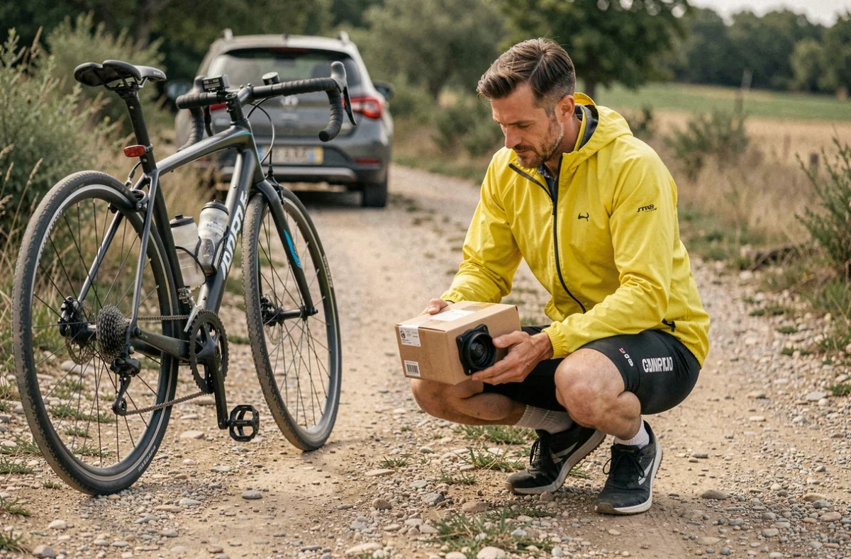 Cycliste inspectant une commande reçue de Deporvillage à côté de son vélo de route sur un chemin de gravier