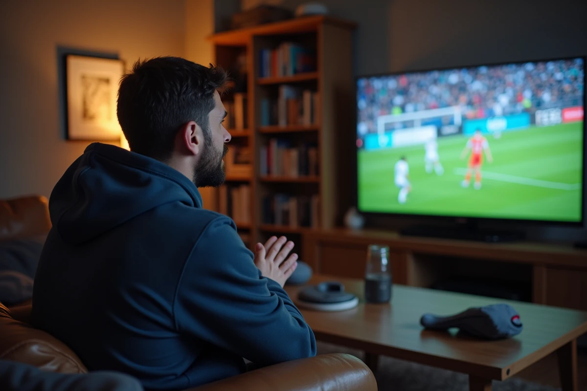 Homme regardant un match de Ligue des champions en streaming sur son téléviseur dans son salon