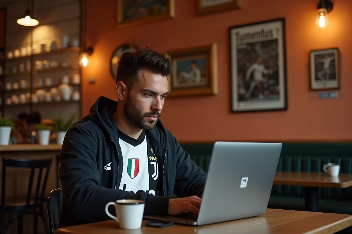Un supporter français réserve ses billets Juventus FC en ligne depuis un café traditionnel de Turin