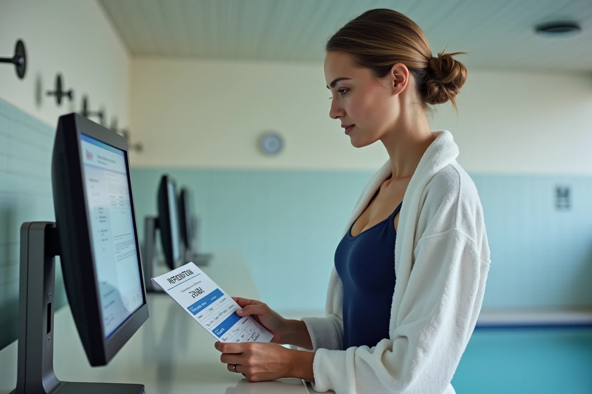 Femme consultant les horaires de réservation à l'accueil d'une piscine municipale parisienne