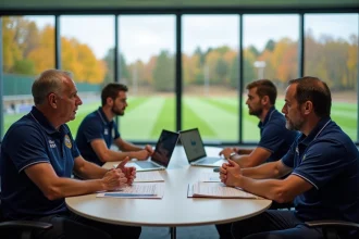 Réunion du comité Drôme Ardèche Football avec des dirigeants discutant des projets et ambitions pour 2026 autour d'une table de conférence