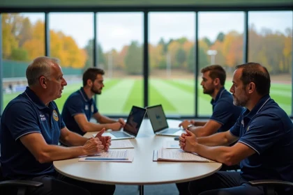 Réunion du comité Drôme Ardèche Football avec des dirigeants discutant des projets et ambitions pour 2026 autour d'une table de conférence