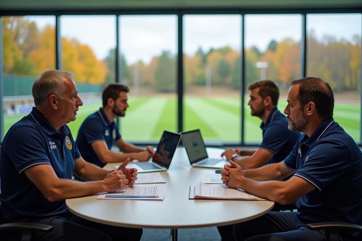 Réunion du comité Drôme Ardèche Football avec des dirigeants discutant des projets et ambitions pour 2026 autour d'une table de conférence