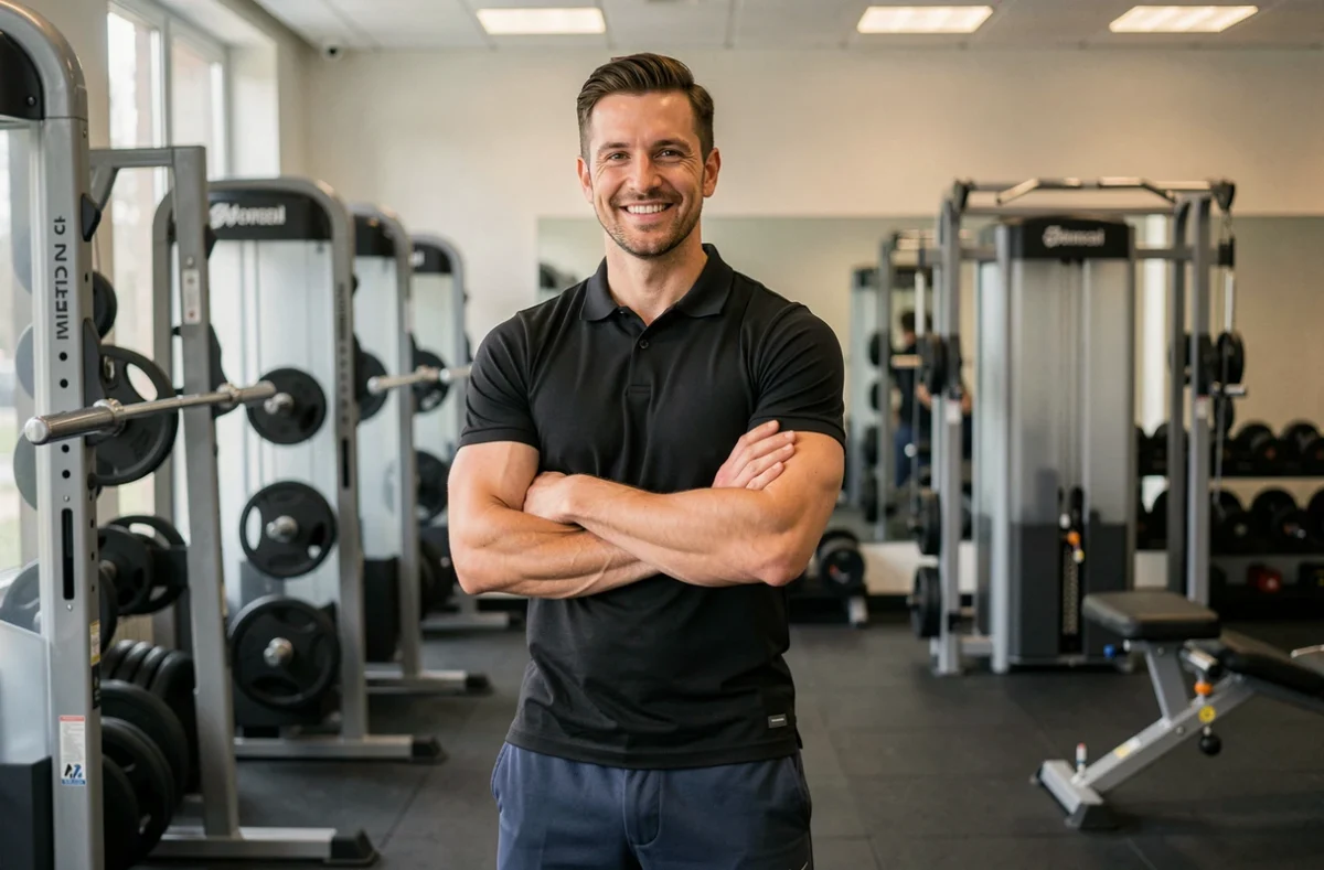 Samir Faiddine, coach sportif personnel à Paris, posant avec assurance dans une salle de musculation équipée