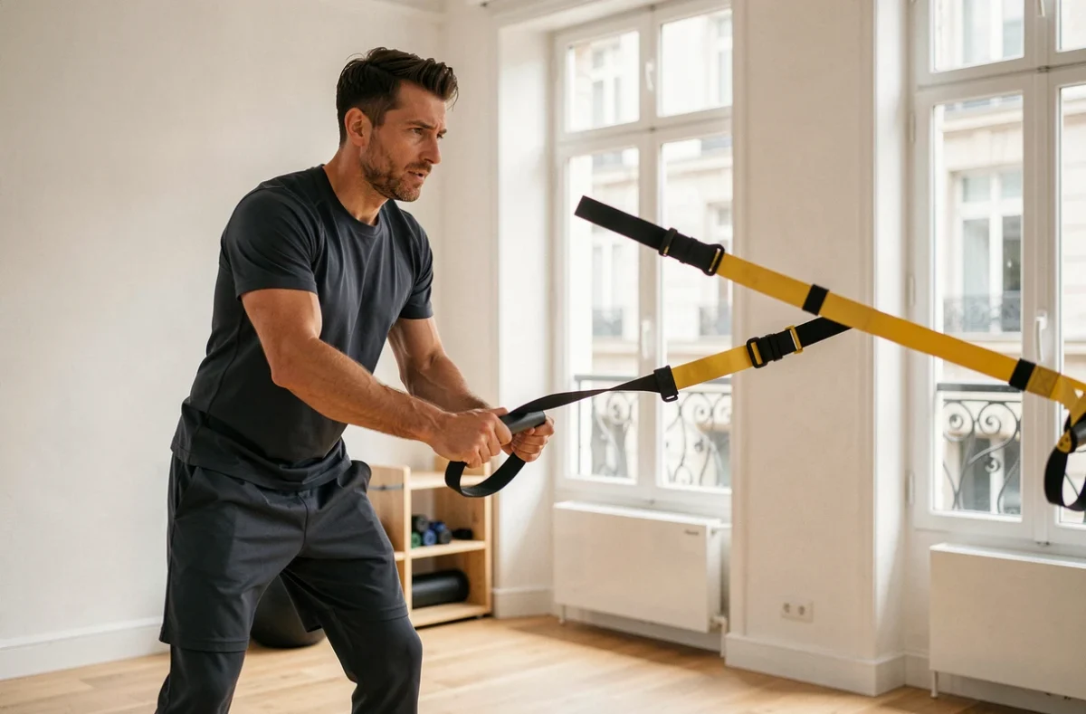 Samuel Adjadj encadrant une séance de TRX avec un client dans un studio de coaching sportif parisien moderne