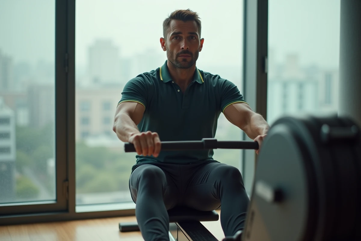 Homme en séance de rameur le matin près d'une fenêtre panoramique, muscles du dos et des bras en action pour brûler un maximum de calories