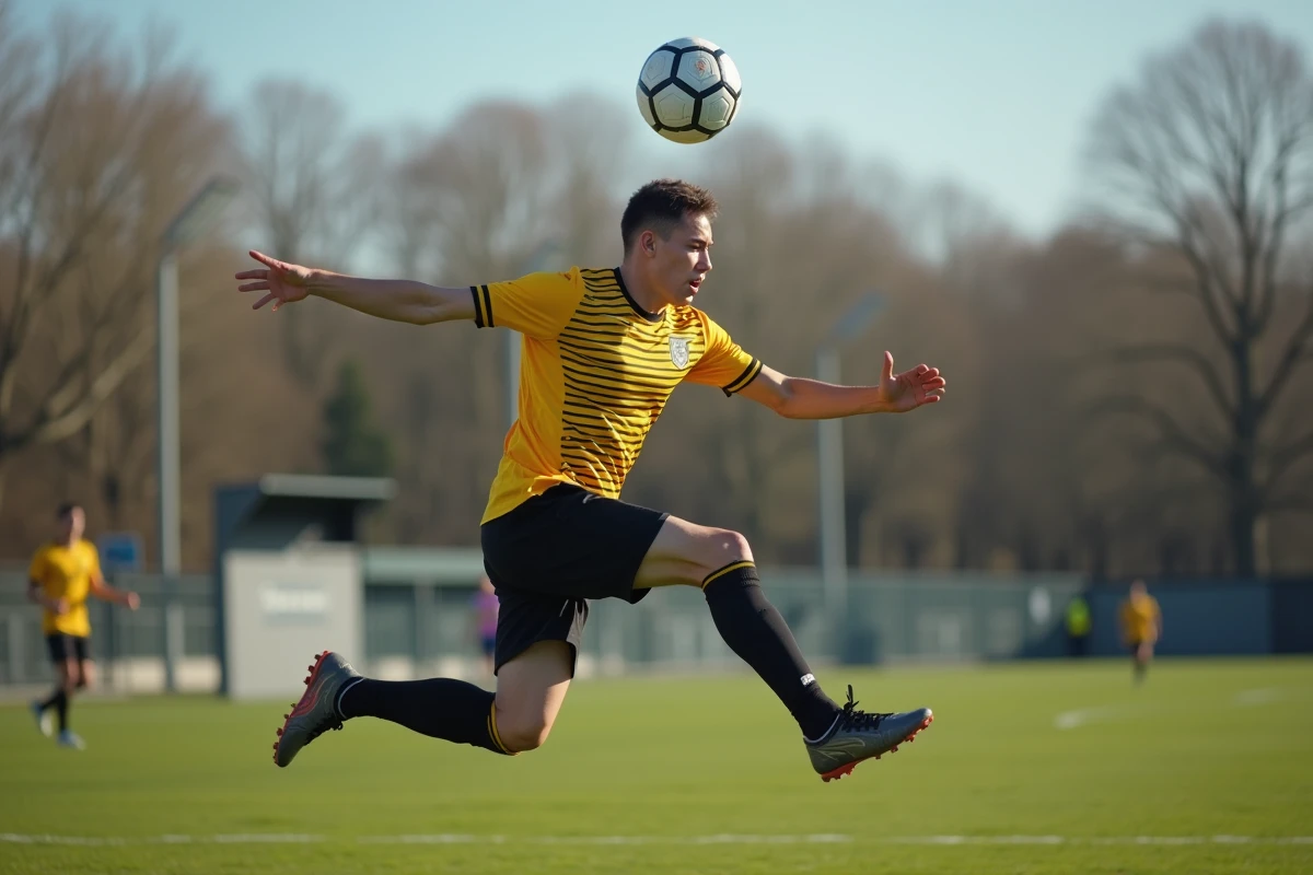 Joueur senior en plein jeu de tête lors d'un match de championnat du district football Haute-Loire