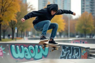 Jeune skateur en plein saut dans un skatepark urbain