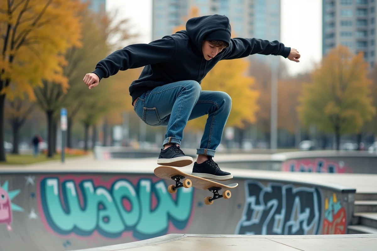 Jeune skateur en plein saut dans un skatepark urbain