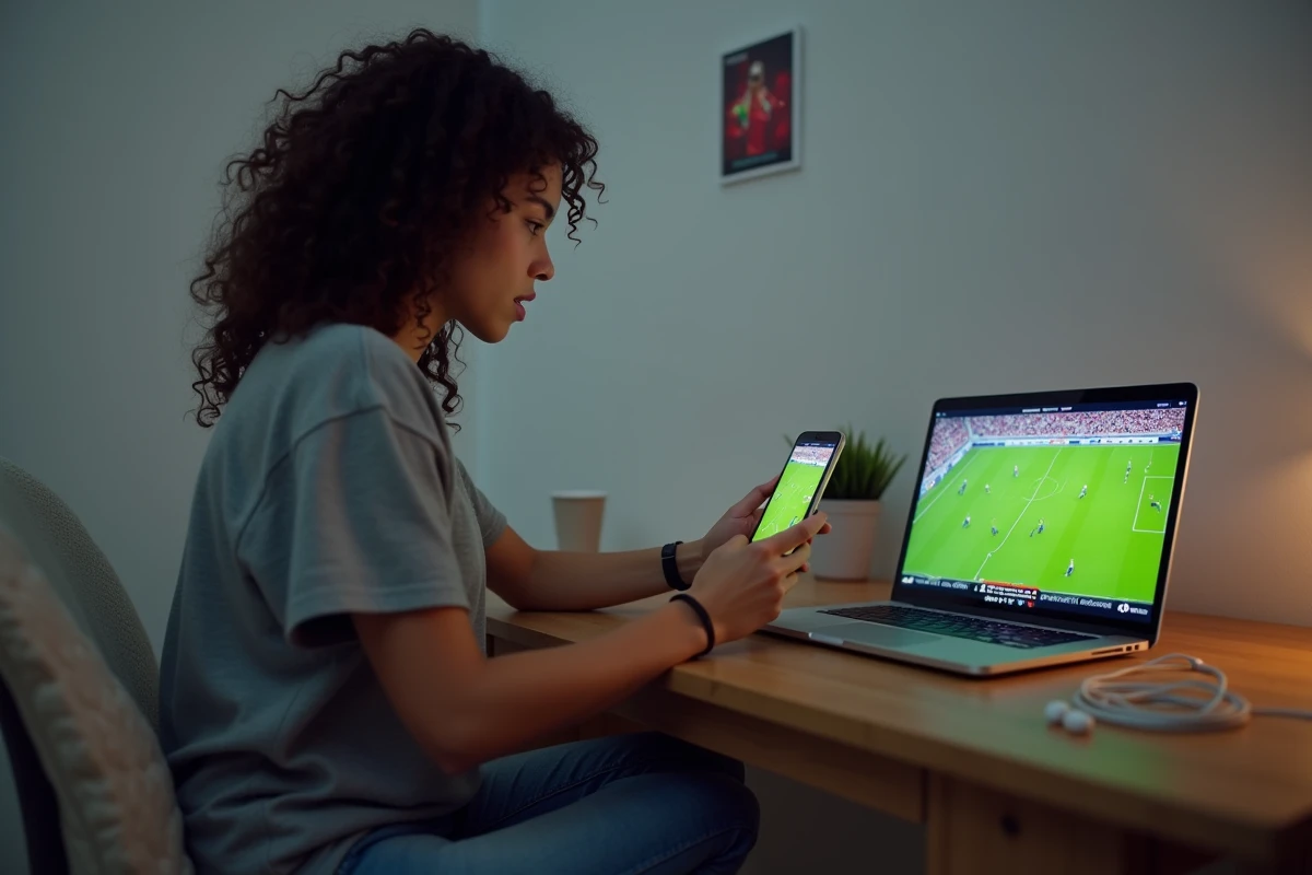 Jeune femme regardant la Ligue des champions sur un site de streaming gratuit depuis son ordinateur portable