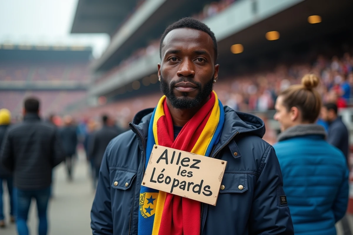 Un supporter de la diaspora congolaise tenant une bannière 'Allez les Léopards' devant un stade européen lors d'un match de football de la RD Congo