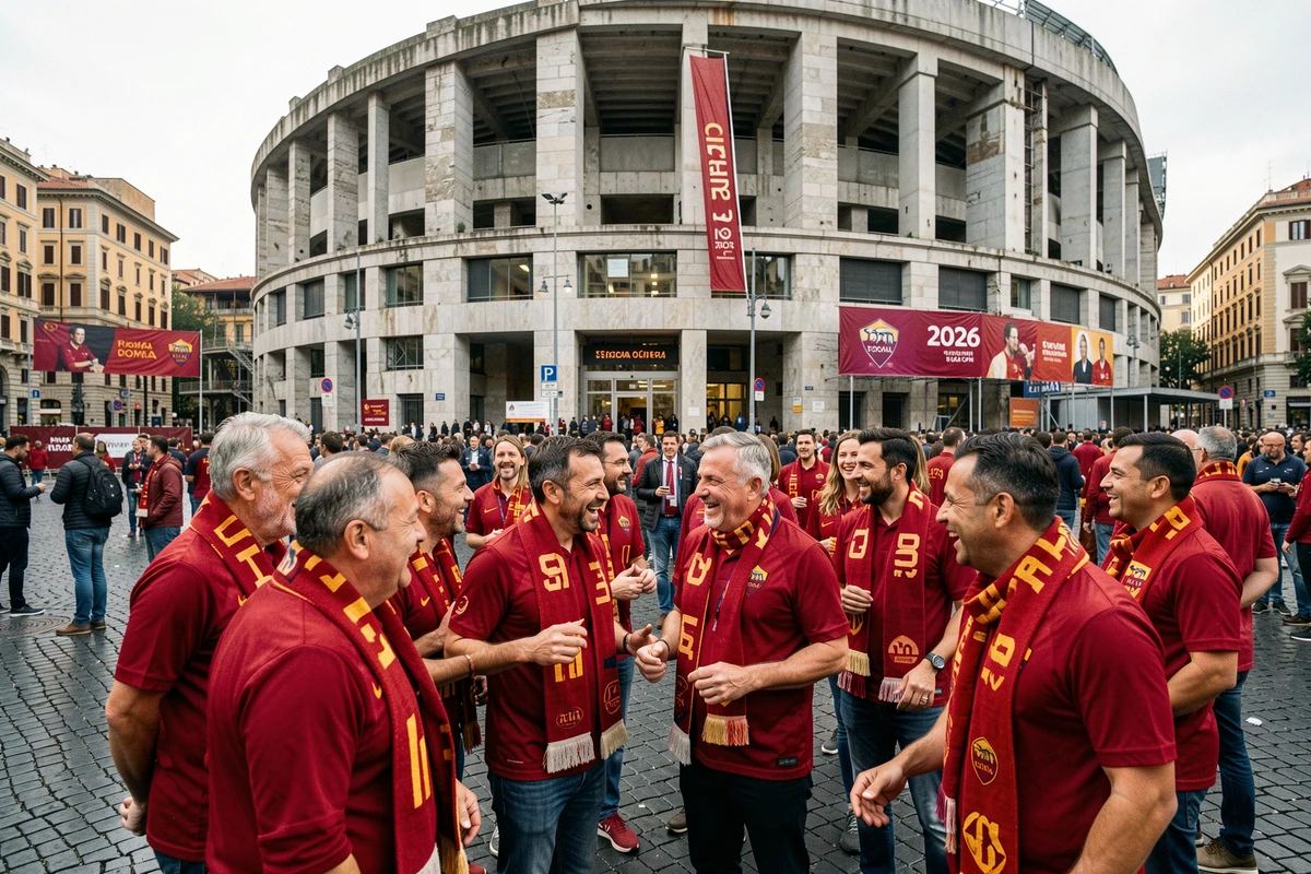 Supporters de l'AS Roma rassemblés devant le Stadio Olimpico avant un match de la saison 2026