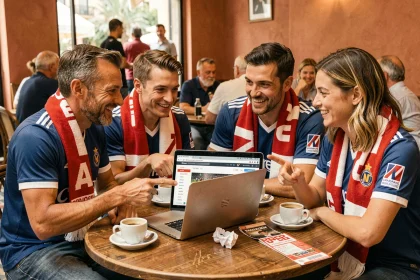 Supporters de l'AS Monaco réunis autour d'un forum de football dans un café monégasque