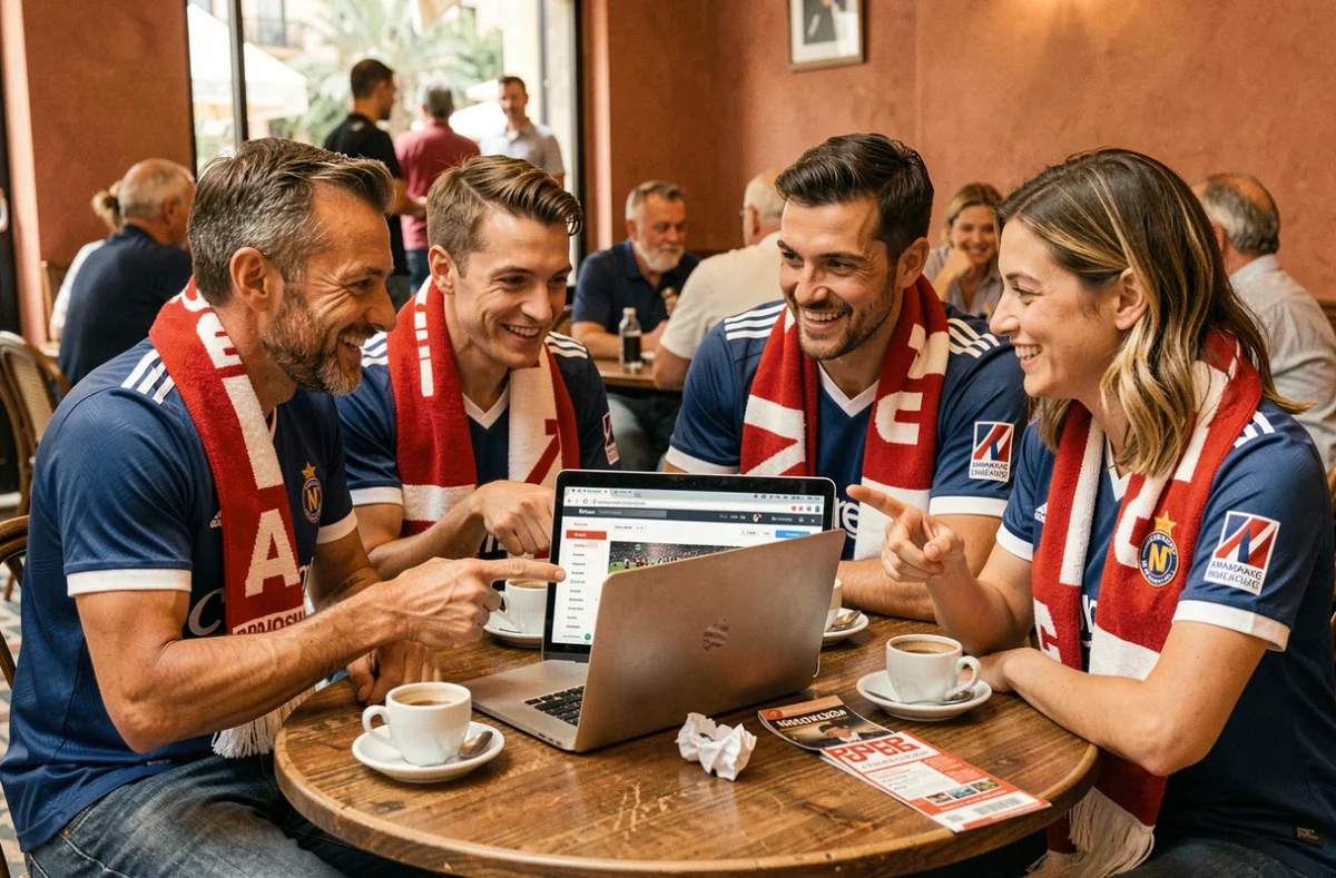 Supporters de l'AS Monaco réunis autour d'un forum de football dans un café monégasque