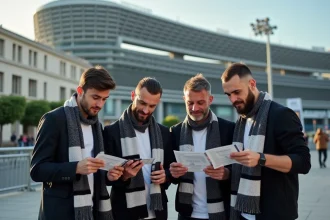 Supporters français devant le stade Allianz Stadium de Turin tenant des billets Juventus FC et consultant une application mobile