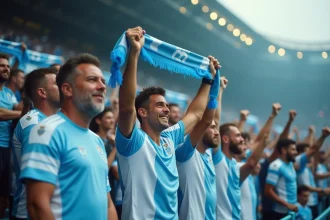 Supporters de l'OM en tribune lors d'un match au Vélodrome en 2026, bras levés avec écharpes bleues et blanches