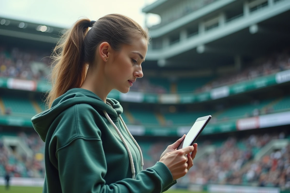 Supportrice de rugby consultant les résultats et rumeurs de transferts sur une tablette devant un stade de rugby