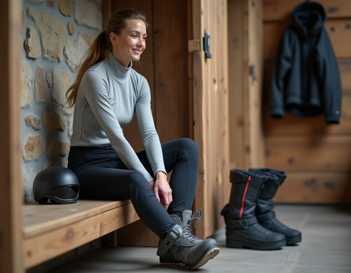 Femme enfilant ses chaussures de ski dans un chalet de montagne, tenue technique en couches superpos&eacute;es avec sous-v&ecirc;tement thermique merino et pantalon isolant