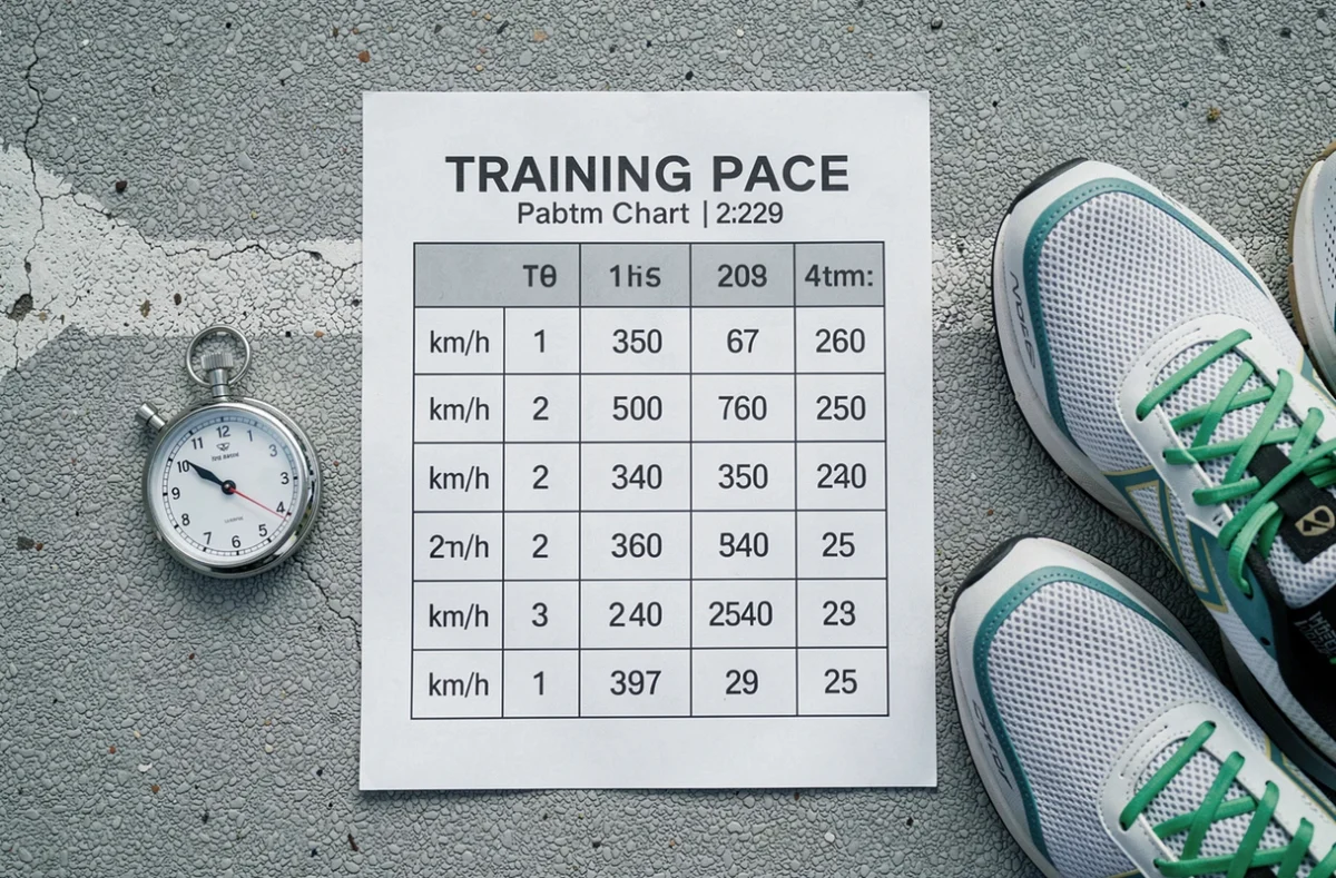 Tableau allure km/h imprimé posé sur une piste de course à côté d'un chronomètre et de chaussures de running