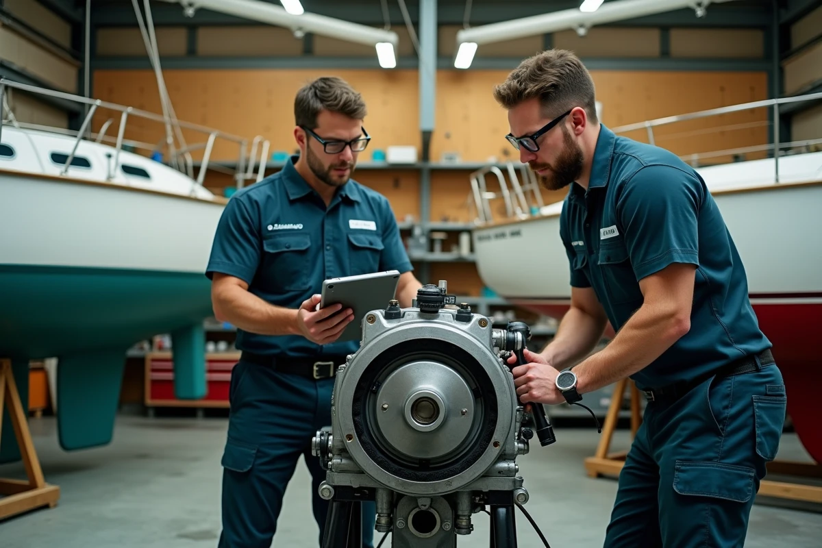 Techniciens nautiques en atelier réalisant la maintenance d'un moteur de voilier, service technique motonautique spécialisé