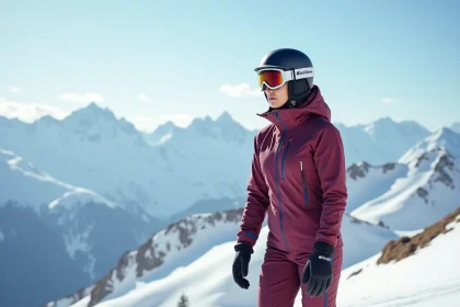 Femme en tenue de ski technique compl&egrave;te sur un domaine skiable alpin, veste imperm&eacute;able bordeaux et pantalon de ski assorti, &eacute;quipement de montagne professionnel