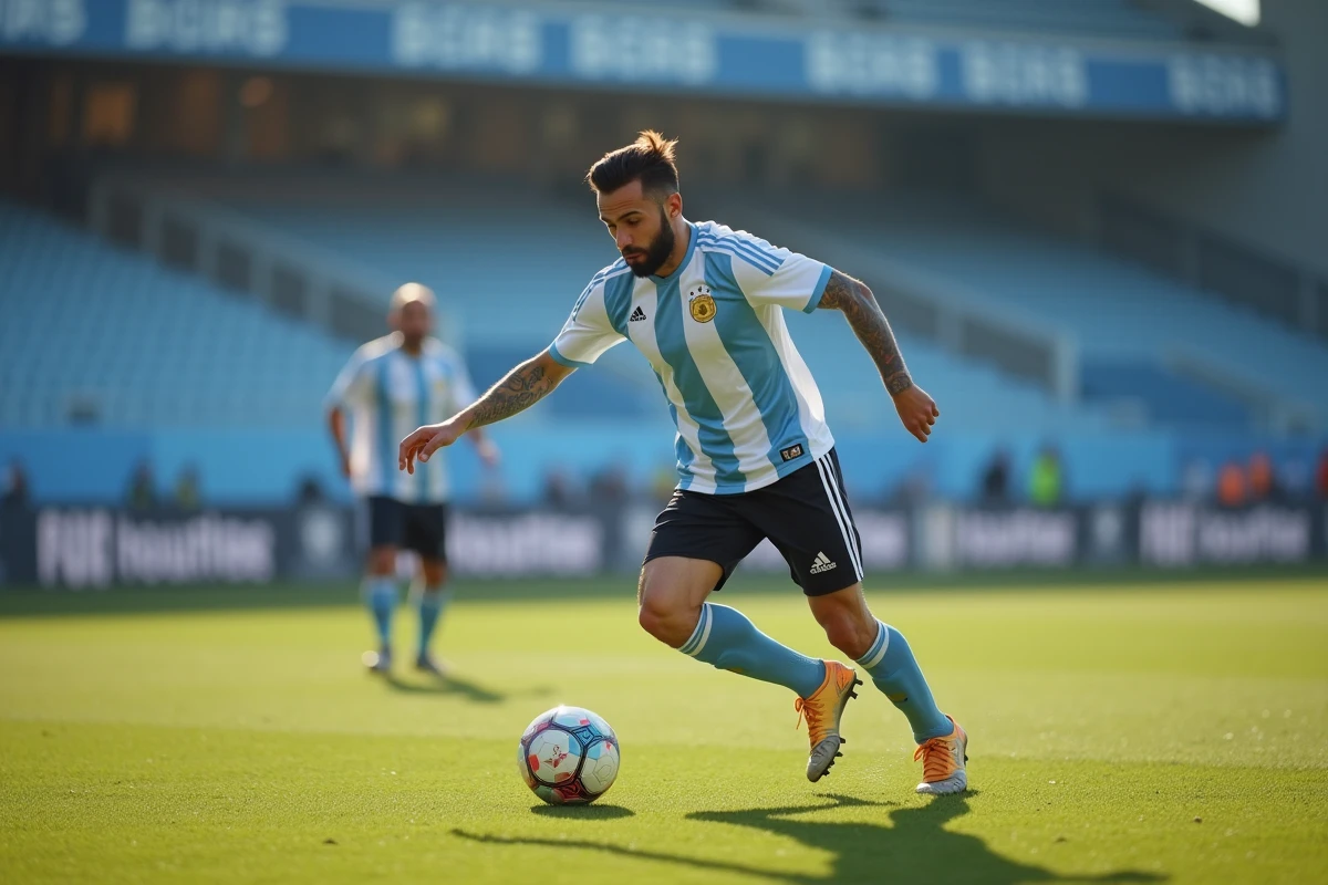 Footballeur argentin en plein tir puissant sur la pelouse du stade lors d'un match de l'équipe nationale