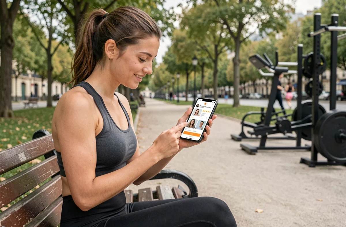 Utilisatrice de l'application TrainMe réservant une séance de coaching sportif depuis un parc parisien sur son smartphone