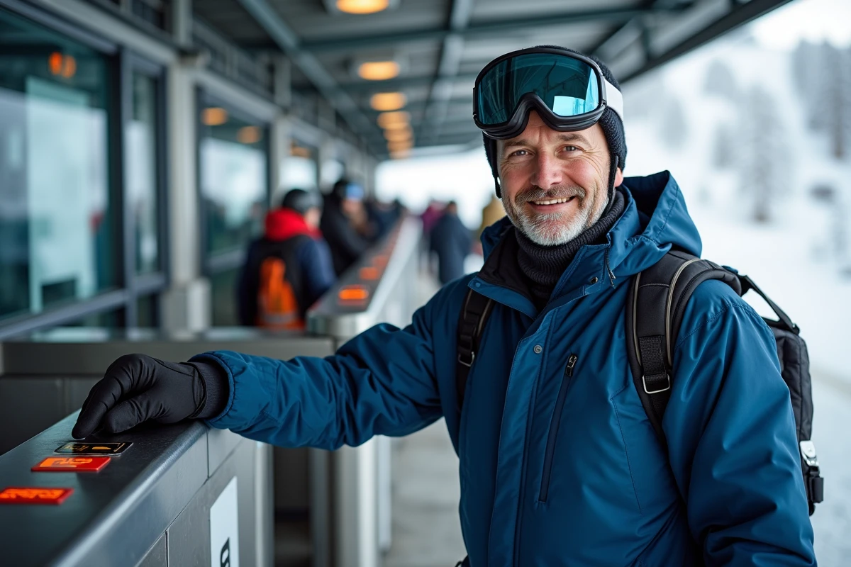 Skieur validant son forfait journalier &agrave; un portique de remont&eacute;e m&eacute;canique aux Arcs 1800 en Savoie
