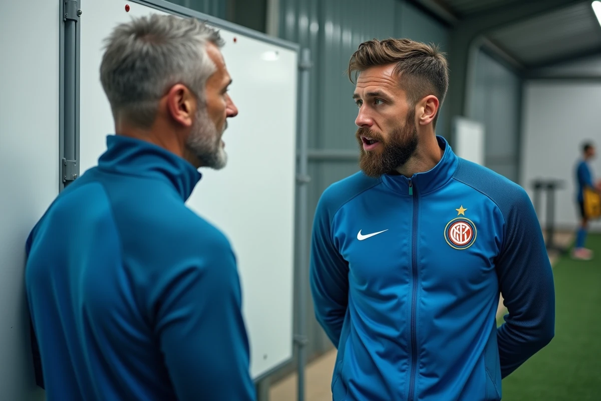 Échange tactique entre un ancien cadre et un nouveau joueur de l'Inter Milan lors d'une session d'entraînement en salle