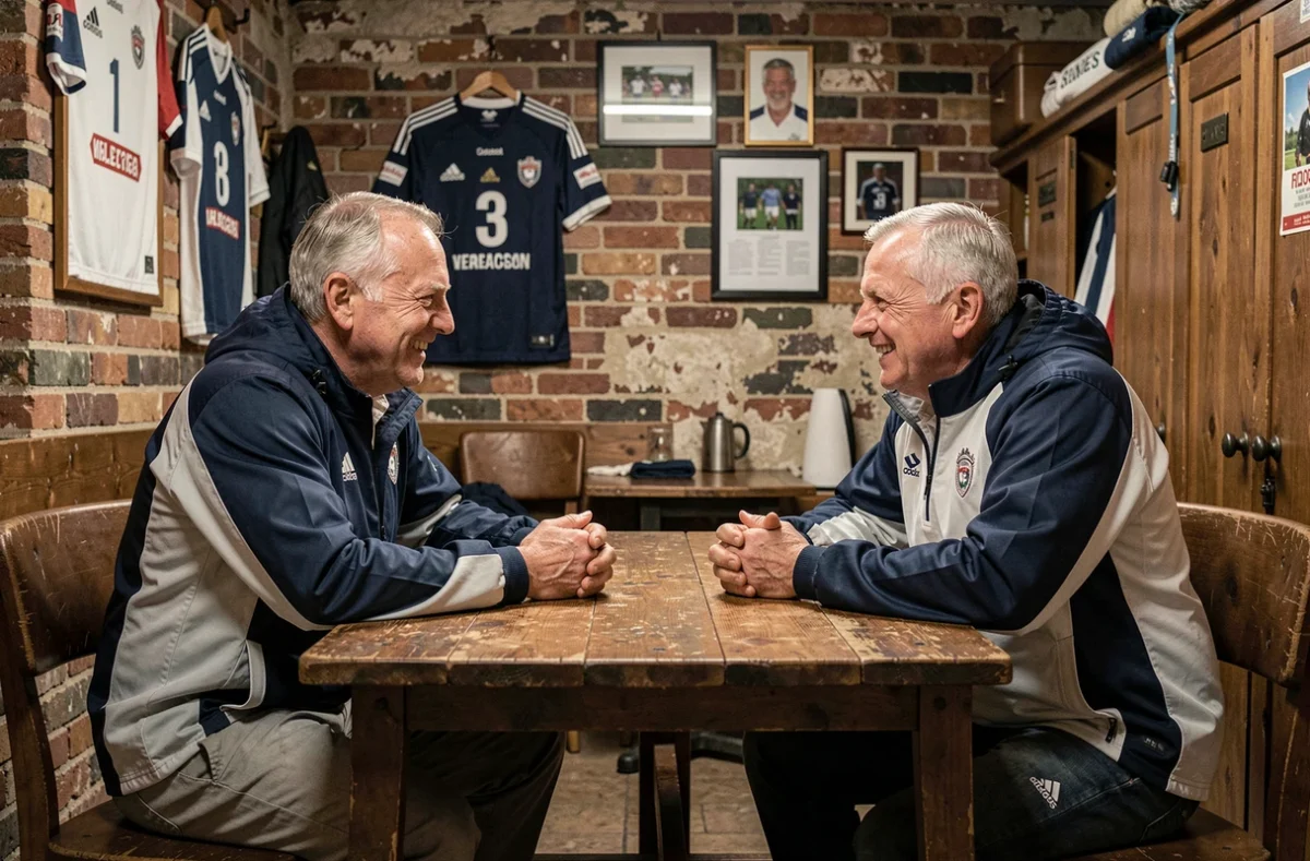 Deux anciens joueurs de rugby français discutant dans un vestiaire de club de rugby avec des maillots encadrés au mur