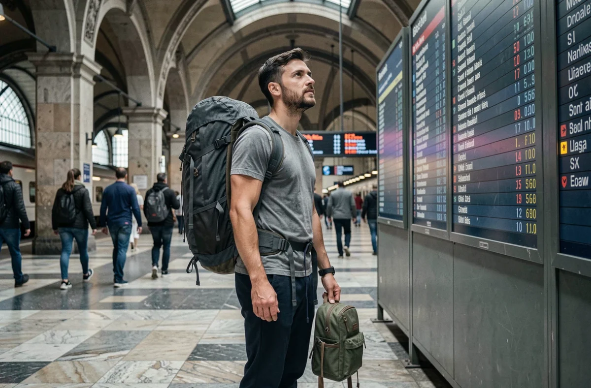 Voyageur homme en gare avec un sac à dos 50L sur le dos et un petit sac d'appoint 20L à la main, regardant les départs