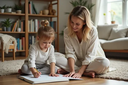 Mère et enfant partageant un moment créatif sur le sol d'un salon familial chaleureux
