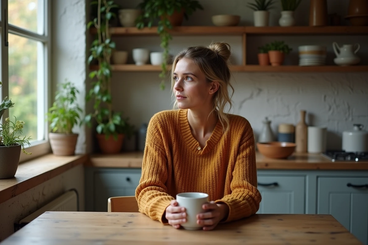 Femme pensive assise à une table de cuisine en bois, tenant une tasse, évoquant la réflexion sur l'éducation reçue